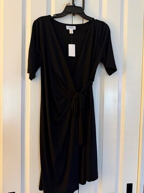 White House Black Market Black Faux-Wrap Midi Dress with Tie